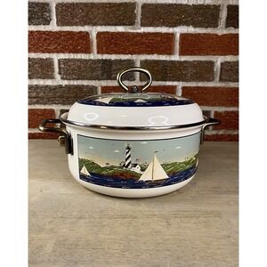 Rare Warren Kimble Coastal Breeze 4 Qt Enamelware Stew Pot Lighthouse Ship Ocean